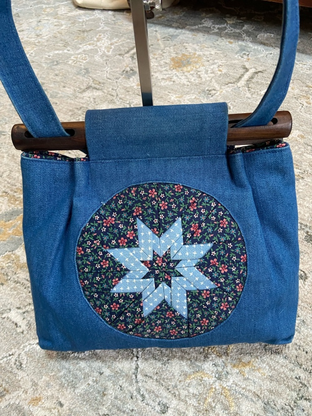 Hand Crafted Denim Quilted LeMoyne Star Shoulder Bag